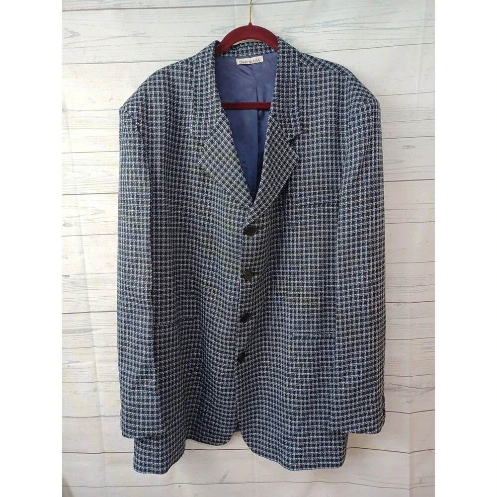 Vtg Paitano Tweed Blazer Mens Sz 50 Black Blue Plaid